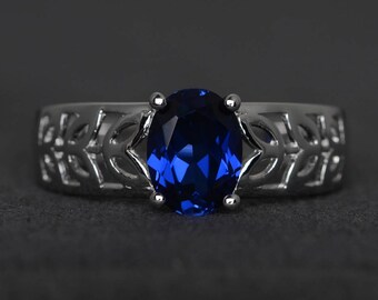 oval cut blue gemstone lab sapphire ring wedding ring sterling silver ring September birthstone solitaire ring