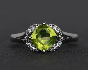 peridot ring engagement ring silver green gemstone cushion cut promise ring anniversary gift