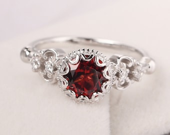 dainty vintage garnet ring sterling silver filigree statement ring round cut January birthstone ring