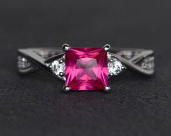 princess cut ruby ring sterling silver wedding engagement ring July birthstone ring red gemstone ring