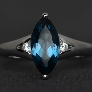 London blue topaz ring sterling silver blue gemstone rings marquise cut engagement ring three stone ring