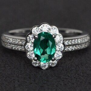emerald ring halo ring silver engagement ring green gemstone ring oval cut May birthstone ring