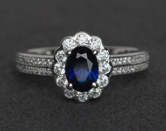 sapphire ring blue sapphire engagement ring halo ring oval cut promise ring silver September birthstone ring