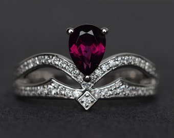 garnet ring crown ring sterling silver red gemstone ring garnet engagement ring January birthstone pear cut