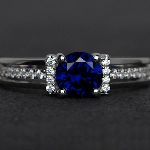 blue sapphire ring silver engagement rings sapphire round cut blue gemstone ring September birthstone ring