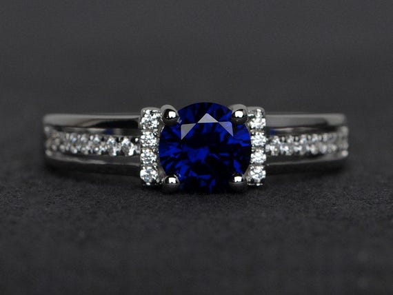 blue sapphire ring silver engagement rings sapphire round cut blue gemstone ring September birthstone ring