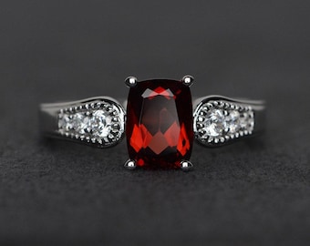 Anillo de granate, plata, granate rojo, anillo de bodas, anillo de piedras preciosas naturales, anillo de compromiso, anillo con piedra natal de enero