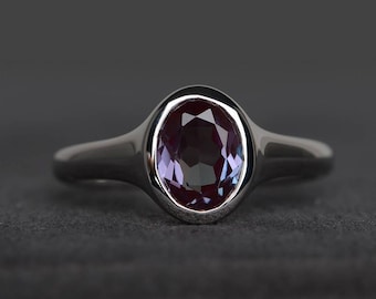 alexandrite ring engagement ring oval cut color changing gemstone sterling silver ring June birthstone