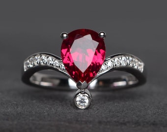 ruby ring promise ring pear cut red gemstone sterling silver ring July birthstone