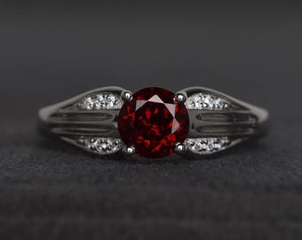 proposal ring natural red garnet ring round cut red gemstone January birthstone ring sterling silver ring