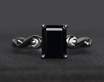 engagement ring natural black spinel ring black gems emerald cut gemstone sterling silver ring solitaire ring