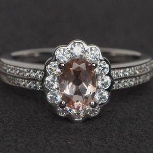morganite ring silver pink gemstone ring engagement ring promise ring oval cut halo ring