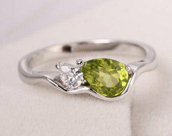 unique peridot ring sterling silver 2 stones promise ring teardrop August birthstone ring