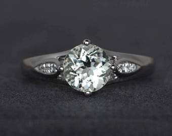 Anillo de compromiso de amatista verde de talla redonda, anillo de piedras preciosas en plata de ley.