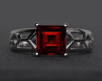 natural garnet ring square cut garnet engagement ring silver solitaire ring garnet gemstone ring promise ring for girl