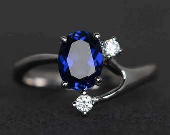 sapphire ring oval shape blue sapphire engagement ring gemstone ring sapphire sterling silver September birthstone three stone ring