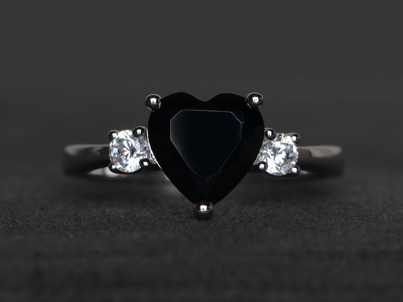 natural black spinel ring promise ring black gemstone ring heart cut gemstone