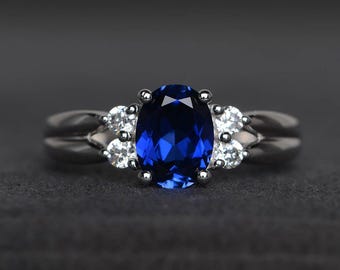 sapphire ring sterling silver oval cut September birthstone blue gemstone double band engagement ring for women
