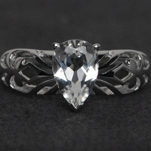 white topaz ring silver solitaire ring natural white topaz engagement ring pear cut