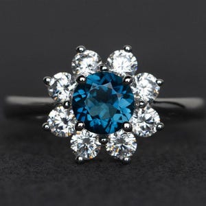 London blue topaz ring sunflower rings round cut blue topaz engagement ring silver ring