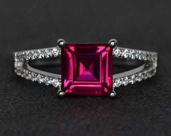 silver ruby ring square cut red ruby engagement ring promise ring split shank rings