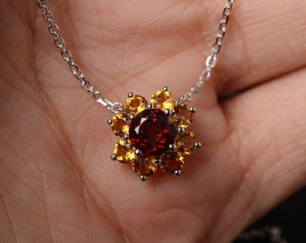 natural garnet pendant sunflower shaped round cut red stone silver necklace Januray birthstone