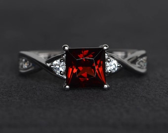 princess cut garnet engagement ring red gemstone ring January birthstone ring sterling silver ring