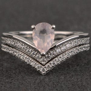 rings set pink quartz wedding engagement ring set women pear cut gemstone ring silver