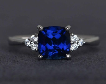 sapphire engagement ring blue gemstone ring cushion cut sapphire ring sterling silver September birthstone ring