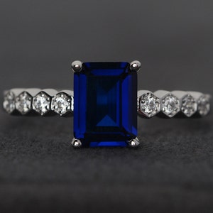 sapphire ring blue gemstone ring silver emerald cut engagement ring promise ring September birthstone ring