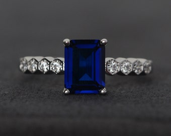 sapphire ring blue gemstone ring silver emerald cut engagement ring promise ring September birthstone ring