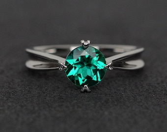 Anillo de esmeralda, anillo de plata de corte redondo, anillo solitario, anillo de piedra preciosa verde, regalo de aniversario, anillo con piedra de nacimiento de mayo