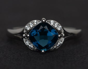 London blue topaz ring engagement ring silver cushion cut wedding rings