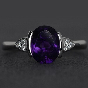 silver amethyst ring oval cut bezel setting wedding engagement rings purple gemstone rings February birthstone image 1