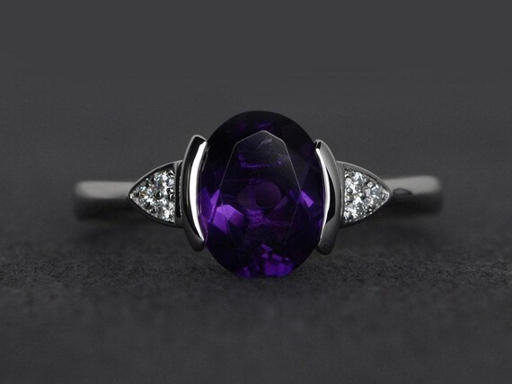 silver amethyst ring oval cut bezel setting wedding engagement rings purple gemstone rings February birthstone