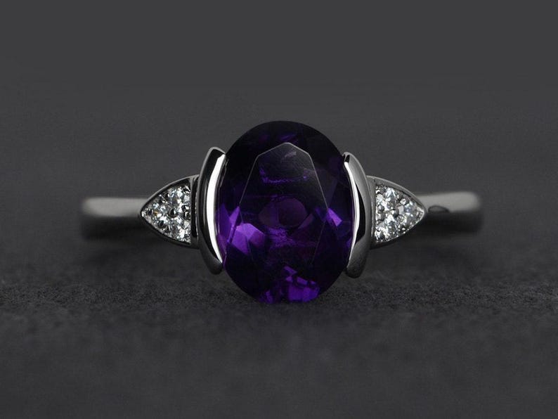 silver amethyst ring oval cut bezel setting wedding engagement rings purple gemstone rings February birthstone image 1