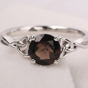 sterling silver solitaire smoky quartz ring round cut brown stone celtic knot ring for women
