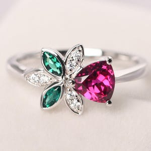 unique ruby and emerald ring sterling silver floral engagement ring trillion cut July birthstone ring