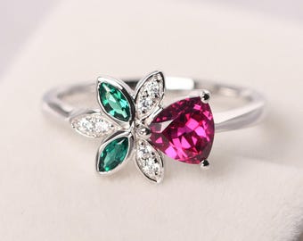 unique ruby and emerald ring sterling silver floral engagement ring trillion cut July birthstone ring