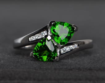 natural diopside ring engagement ring trillion cut green gemstone sterling silver ring