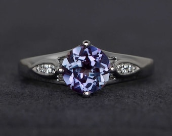 alexandrite ring round cut gemstone ring color changing sterling silver engagement ring