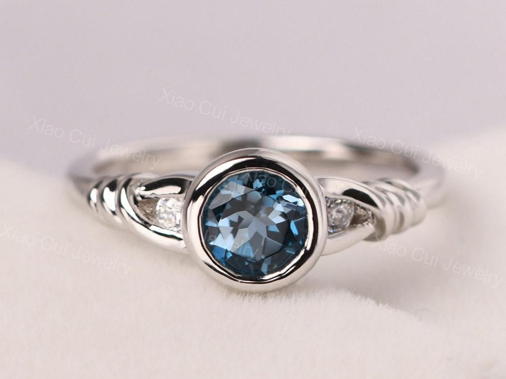 Genuine London Blue Topaz Twist Engagement Ring Sterling Silver Round ...