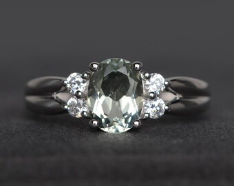 natural green amethyst ring wedding ring oval cut green gemstone sterling silver ring