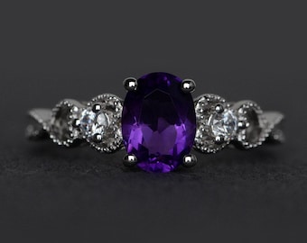 Bague améthyste, bague en argent, pierres précieuses violettes, bague de fiançailles, taille ovale, bague de promesse, pierre de naissance de février