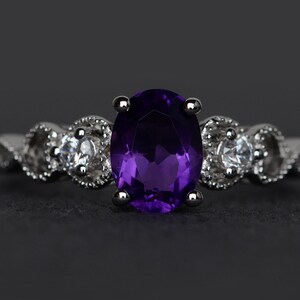 amethyst ring silver purple gemstone ring engagement ring oval cut promise ring February birthstone