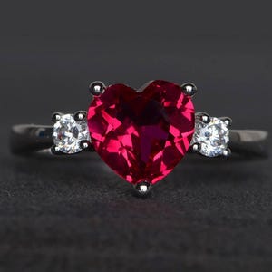 engagement ring ruby ring heart cut red gemstone July birthstone sterling silver ring