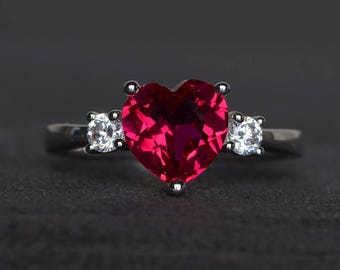 engagement ring ruby ring heart cut red gemstone July birthstone sterling silver ring