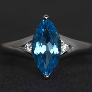 Swiss blue topaz ring marquise cut engagement ring blue gemstone ring promise ring three stone ring