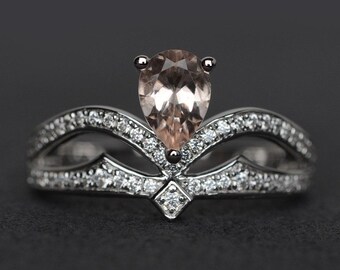 Anillo de compromiso de morganita en plata de ley con gema de morganita rosa, anillo de corona, anillo de promesa para mujer con forma de lágrima.
