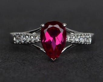 ruby ring silver red ruby engagement rings anniversary rings pear cut July birthstone ring